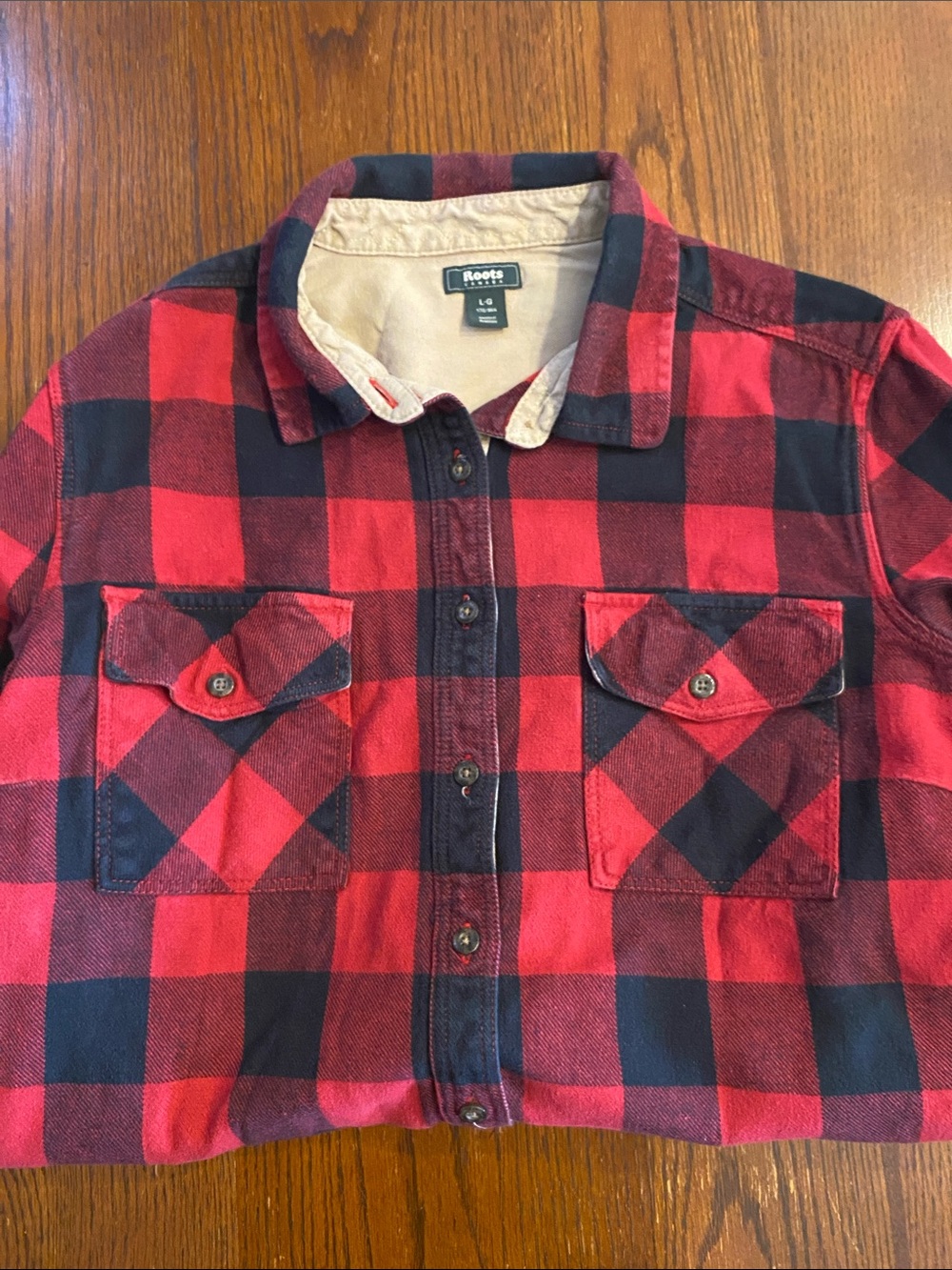 Roots Women's Red and Black Plaid Flannel Shirt Jacket